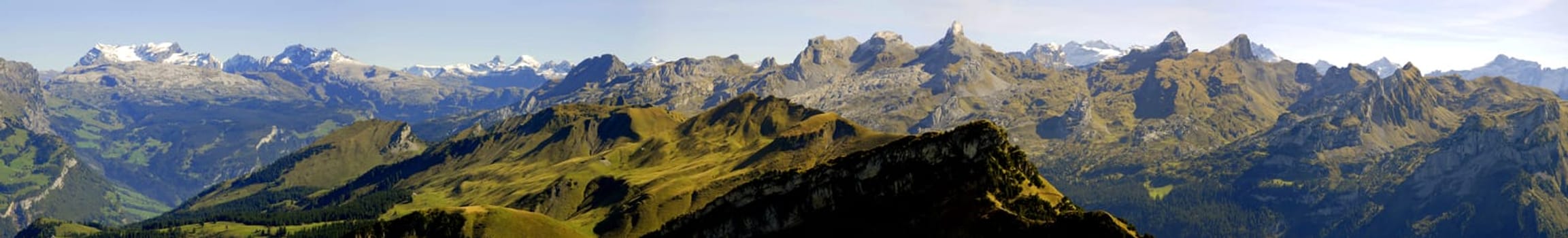 Fantastic view over the Schwyz,Glarus and Uri Alps. On the left hand side you can see the Muota valley,which continues into the Bisis valley. Central Switzerland is an ideal destination for hiking holidays for the whole family. ---The panorama is made up of five individual images