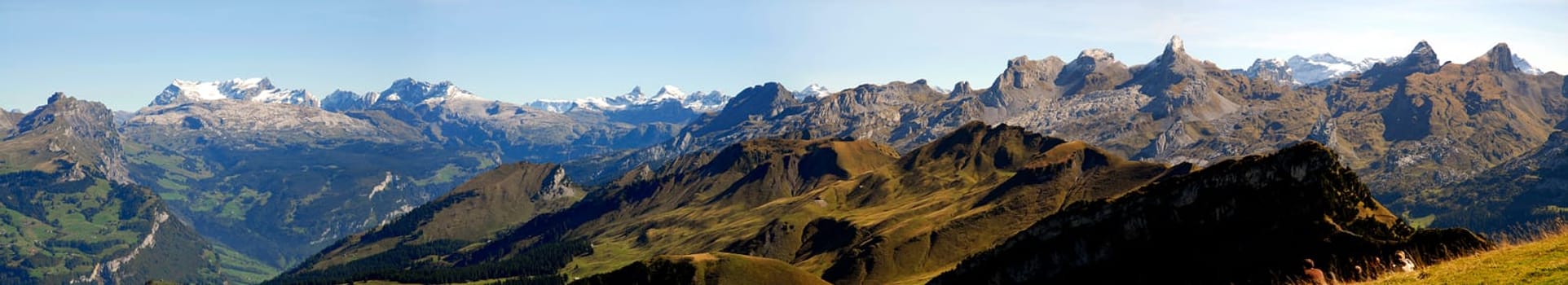 Fantastic view over the Schwyz,Glarus and Uri Alps. Central Switzerland is an ideal destination for hiking holidays for the whole family. The panorama is composed of four individual images. Even though my first panorama didn't go down so well with you,I