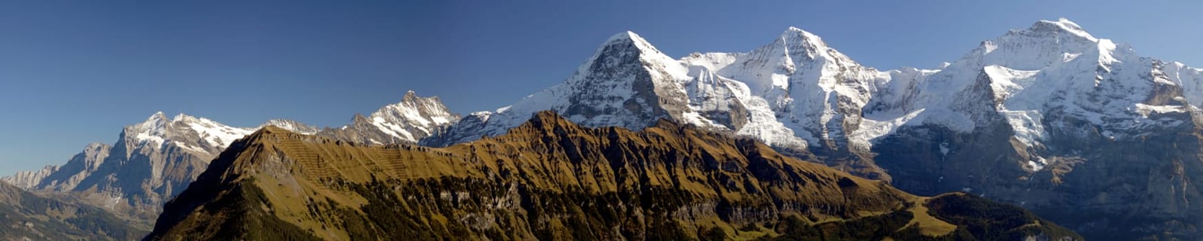 from left to right - Wetterhorn,Schreckhorn,Eiger,Mönch and the Jungfrau. In the foreground is the Lauberhorn,where the traditional men's downhill run of skiers takes place every year.