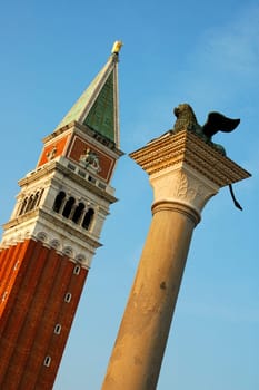 St. Mark's Bell Tower,Column with San Marco Lion,Piazzetta,Venice Italy
