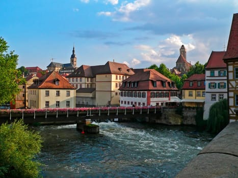Bamberg - View from the Upper Bridge over the Lower Bridge to the Upper Parish Church and St. Stephen's Church