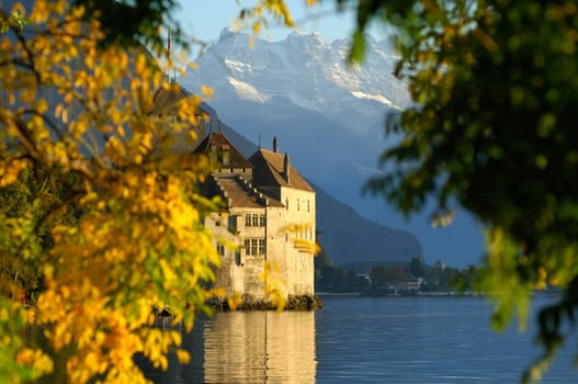 Château de Chillon on Lake Geneva and Dents du Midi,Montreux,Switzerland