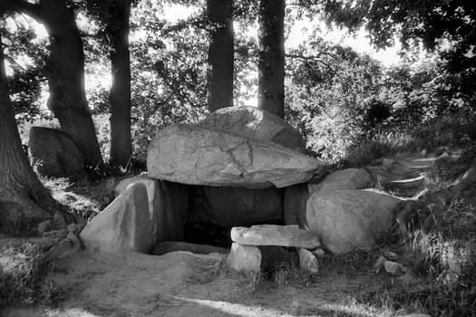 Ancient megalithic tombs. Found on the island of Rügen. Photographed on black-and-white film.