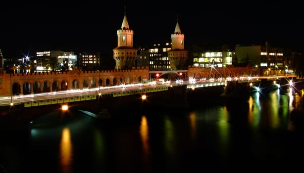 The Oberbaumbrücke in Berlin-Kreuzberg at night.
