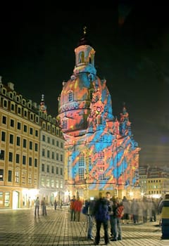"On the occasion of the 800th anniversary of the city of Dresden,the German light artist Karl Feldmann was granted permission by the city of Dresden as well as the Foundation for the Preservation of the Frauenkirche to open the Frauenkirche in Dresden on Friday the"