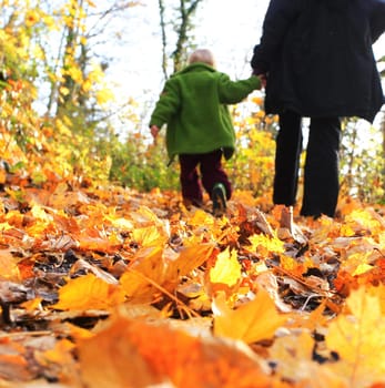 Mother and child walk over autumn leaves