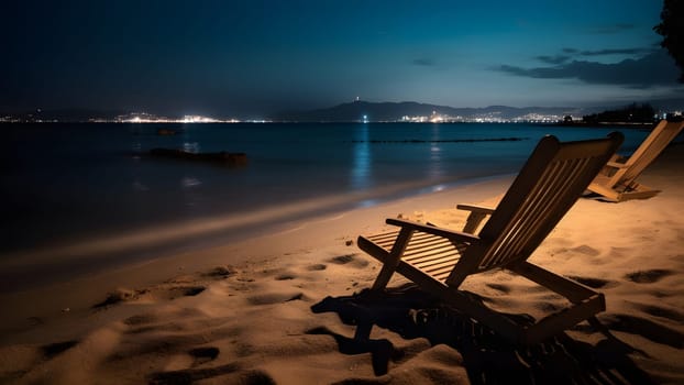 Two empty wooden beach chairs on sand beach at night - summer vacation theme. Neural network generated in May 2023. Not based on any actual person, scene or pattern.