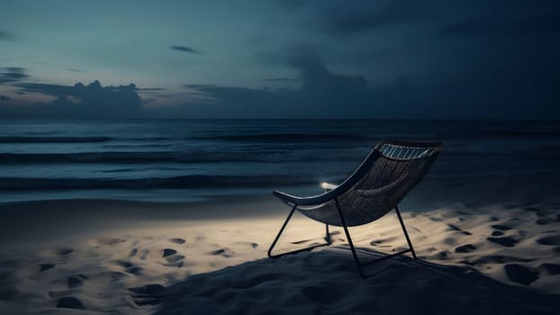 Empty beach chair on sand beach at night - summer vacation theme. Neural network generated in May 2023. Not based on any actual person, scene or pattern.