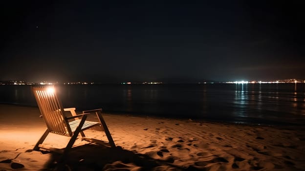 Vacant wooden beach chair on sand beach at night - summer vacation theme. Neural network generated in May 2023. Not based on any actual person, scene or pattern.