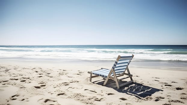 Empty beach chair on sand beach at summer day. Neural network generated in May 2023. Not based on any actual person, scene or pattern.