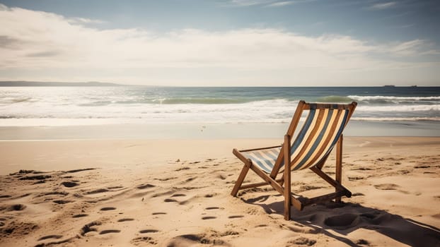 Empty beach chair on sand beach at summer day. Neural network generated in May 2023. Not based on any actual person, scene or pattern.