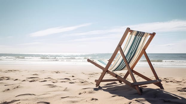 Empty beach chair on sand beach at summer day. Neural network generated in May 2023. Not based on any actual person, scene or pattern.