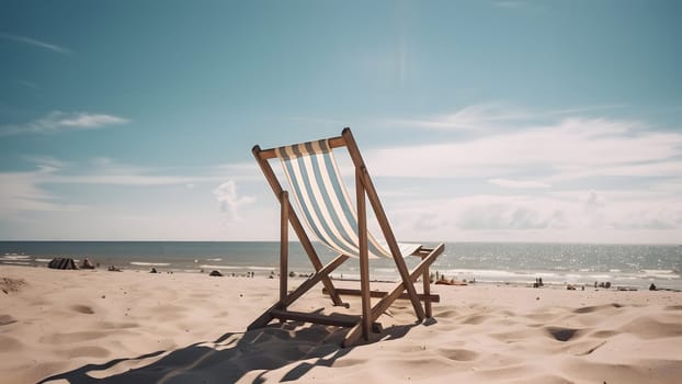 Empty beach chair on sand beach at summer day. Neural network generated in May 2023. Not based on any actual person, scene or pattern.