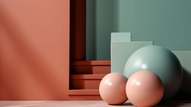 abstract minimalistic composition with gloss balls on rectangular clean shapes background. Neural network generated in May 2023. Not based on any actual person, scene or pattern.