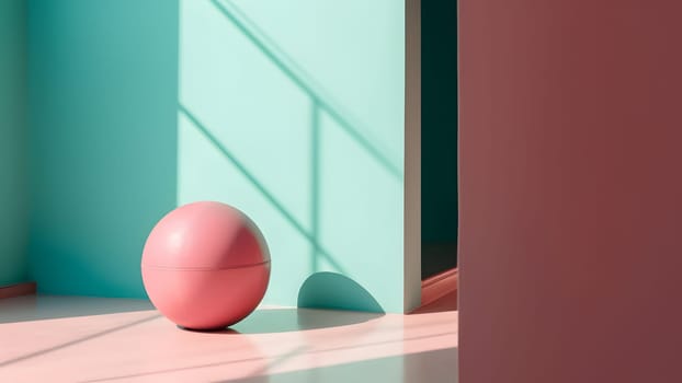 abstract clean minimalistic composition scene with pink gloss ball on pastel pink horizontal surface near pastel green wall. Neural network generated in May 2023. Not based on any actual scene.