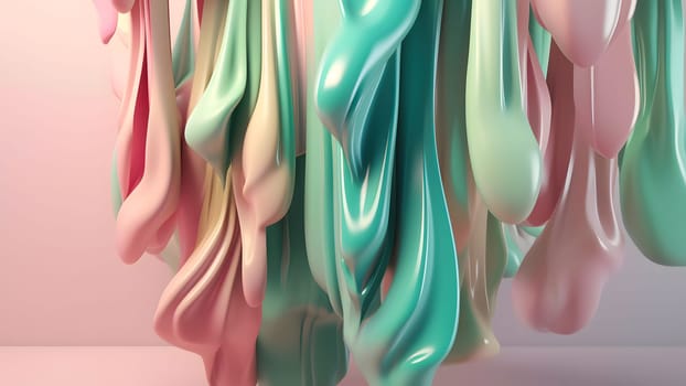 Abstract smooth shaped formless opaque pastel pink and mint green liquid flow background. Neural network generated in May 2023. Not based on any actual person, scene or pattern.