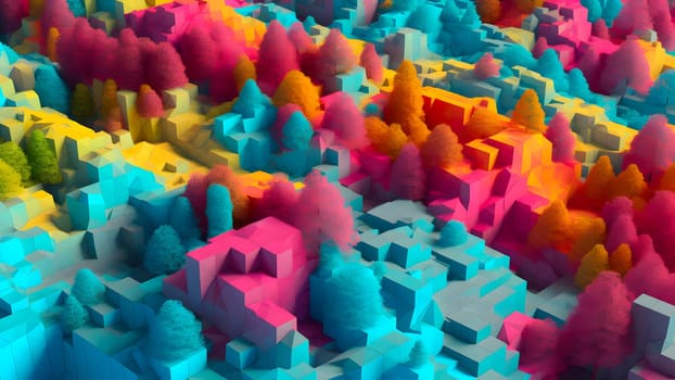 abstract full-frame topographic landscape model based on small colorful cubes. Neural network generated in May 2023. Not based on any actual person, scene or pattern.