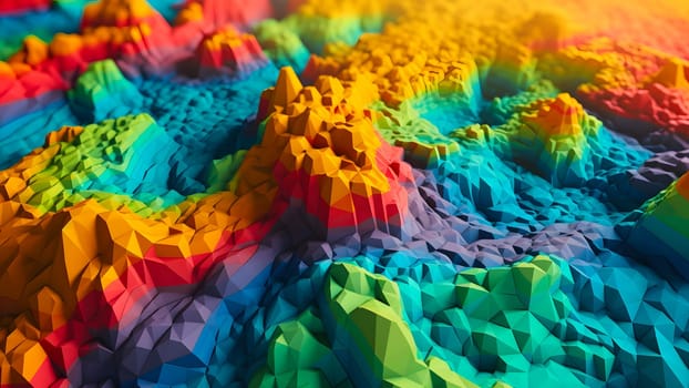 abstract full-frame topographic landscape model based on small colorful cubes. Neural network generated in May 2023. Not based on any actual person, scene or pattern.