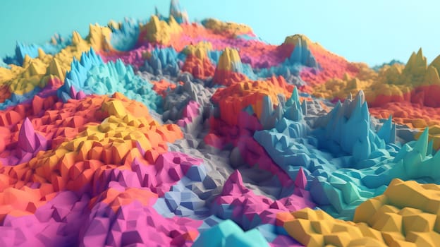 abstract topographic landscape model based on small colorful cubes. Neural network generated in May 2023. Not based on any actual person, scene or pattern.