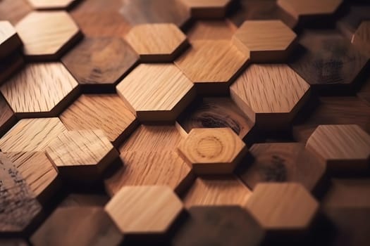 Closeup full-frame background of tiled hexagonal wooden dowel ends. Neural network generated in May 2023. Not based on any actual person, scene or pattern.