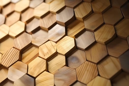 Closeup full-frame background of tiled hexagonal wooden dowel ends. Neural network generated in May 2023. Not based on any actual person, scene or pattern.