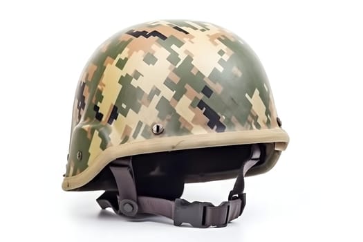 20-th century combat infantry helmet on white background. Neural network generated in May 2023. Not based on any actual person, scene or pattern.