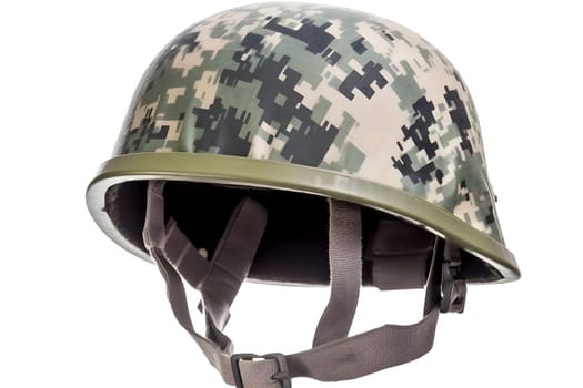 20-th century combat infantry helmet on white background. Neural network generated in May 2023. Not based on any actual person, scene or pattern.