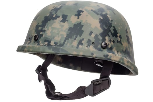 20-th century combat infantry helmet on white background. Neural network generated in May 2023. Not based on any actual person, scene or pattern.