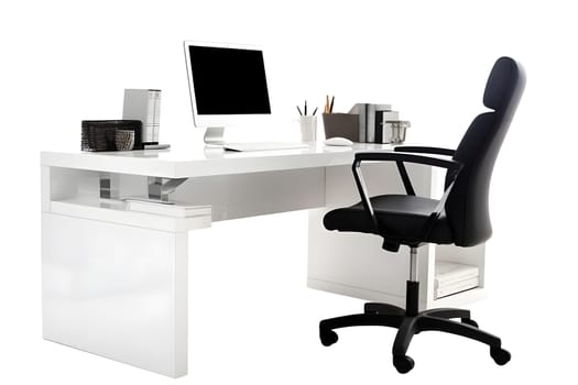 Office workplace desk with computer monitor and black empty office chair on wheels isolated on white background. Neural network generated in May 2023. Not based on any actual person, scene or pattern.