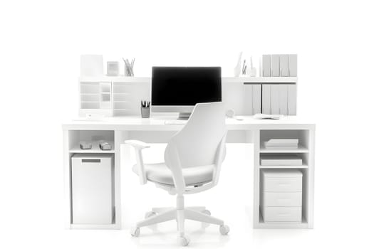 Office workplace desk in front of empty chair isolated on white background. Neural network generated in May 2023. Not based on any actual person, scene or pattern.