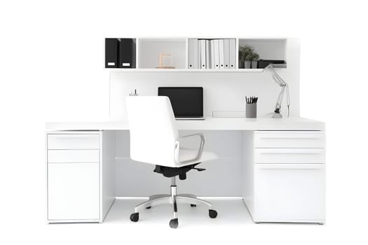 Office workplace desk in front of empty chair on white background. Neural network generated in May 2023. Not based on any actual scene or pattern.
