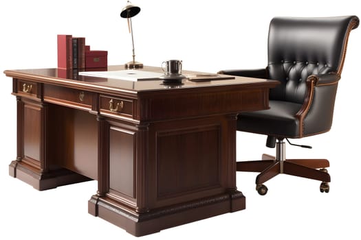 Heavy wooden executive desk with armchair isolated on white background. Neural network generated in May 2023. Not based on any actual person, scene or pattern.