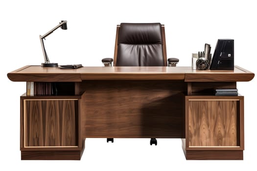 Heavy wooden executive desk with armchair isolated on white background. Neural network generated in May 2023. Not based on any actual person, scene or pattern.