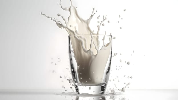 glass of milk with crown of splashes on white background. Neural network generated in May 2023. Not based on any actual person, scene or pattern.