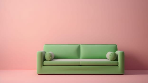 Minimalist pistachio-green sofa on light pink wall background. Neural network generated in May 2023. Not based on any actual scene or pattern.