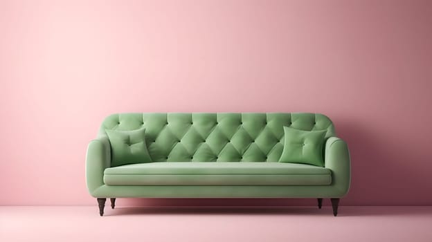 Minimalist pistachio-green sofa on light pink wall background. Neural network generated in May 2023. Not based on any actual scene or pattern.