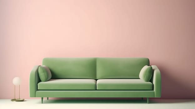 Minimalist pistachio-green sofa on light pink wall background. Neural network generated in May 2023. Not based on any actual scene or pattern.