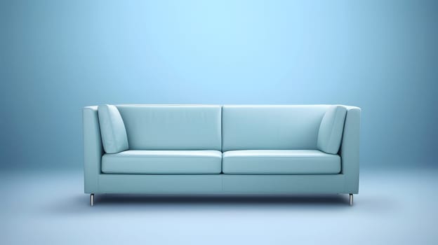 Minimalist light-blue sofa on light blue background. Neural network generated in May 2023. Not based on any actual scene or pattern.