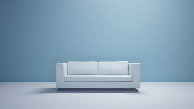 Minimalist light-blue sofa on light blue background. Neural network generated in May 2023. Not based on any actual scene or pattern.