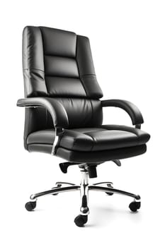 Black leather office chair isolated on white background. Neural network generated in May 2023. Not based on any actual person, scene or pattern.
