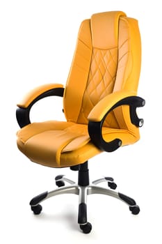 Yellow leather office chair isolated on white background. Neural network generated in May 2023. Not based on any actual person, scene or pattern.