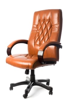 Brown leather office chair isolated on white background. Neural network generated in May 2023. Not based on any actual person, scene or pattern.