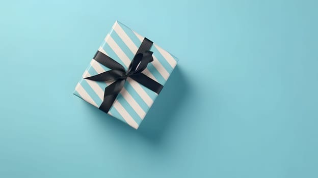 One gift box in craft wrapping paper and black satin ribbon with bow on light blue clean flat surface background. Neural network generated in May 2023. Not based on any actual person, scene or pattern.