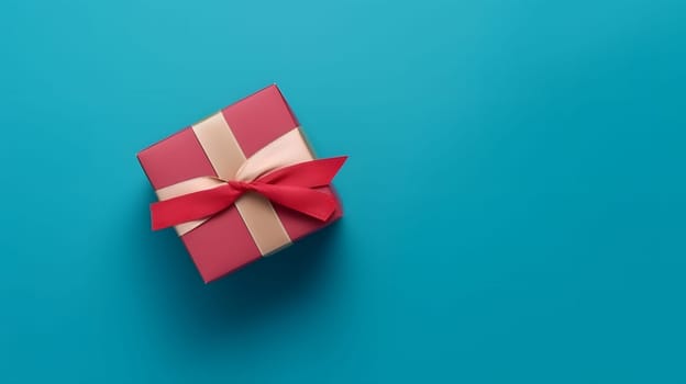 One red gift box in craft wrapping paper and satin ribbon with bow on light blue clean flat surface background. Neural network generated in May 2023. Not based on any actual person, scene or pattern.