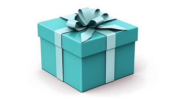One turquoise gift box in craft wrapping paper and satin ribbon with bow on white clean flat surface background. Neural network generated in May 2023. Not based on any actual person, scene or pattern.