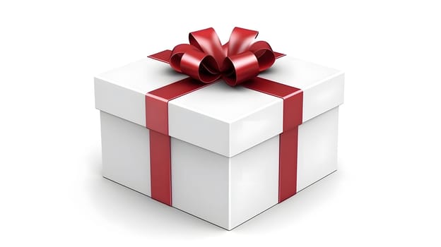 One white gift box in craft wrapping paper and red satin ribbon with bow on white clean flat surface background. Neural network generated in May 2023. Not based on any actual person, scene or pattern.