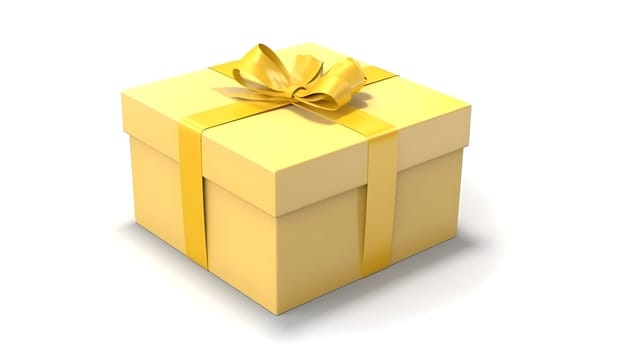 One yellow gift box in craft wrapping paper and satin ribbon with yellow bow on white clean flat surface background. Neural network generated in May 2023. Not based on any actual person, scene or pattern.