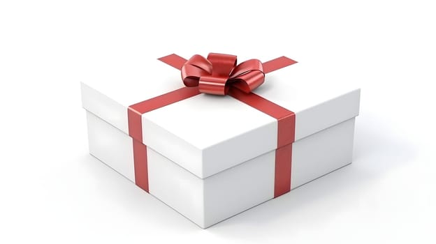 One white gift box in craft wrapping paper and red satin ribbon with bow on white clean flat surface background. Neural network generated in May 2023. Not based on any actual person, scene or pattern.