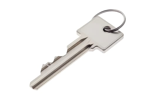 one simple silver metal key with ring isolated on white background. Neural network generated in May 2023. Not based on any actual object, scene or pattern.