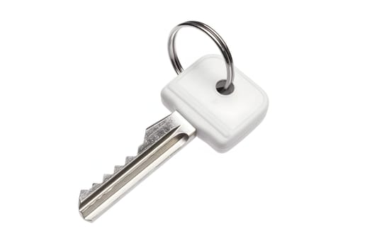 one simple silver metal key with ring isolated on white background. Neural network generated in May 2023. Not based on any actual object, scene or pattern.